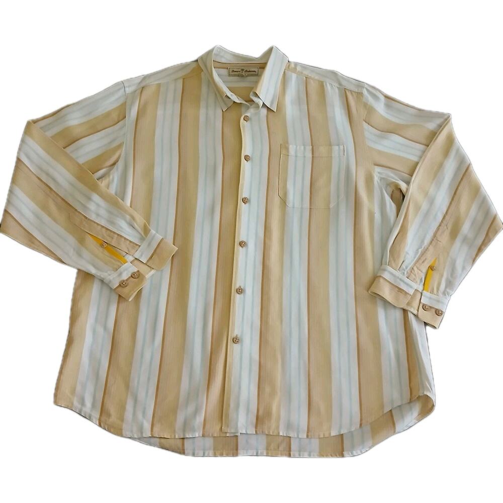 Tommy Bahama Casual Button Shirt Mens XL Yellow Striped 100% Tencel Lyocell Y2K